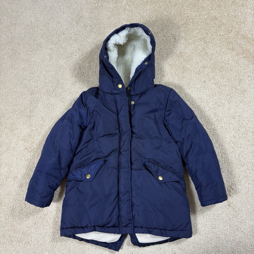 J Crew Winter Puffer Jacket Kids Navy Blue Hooded Size 6-7 Fleece Lined